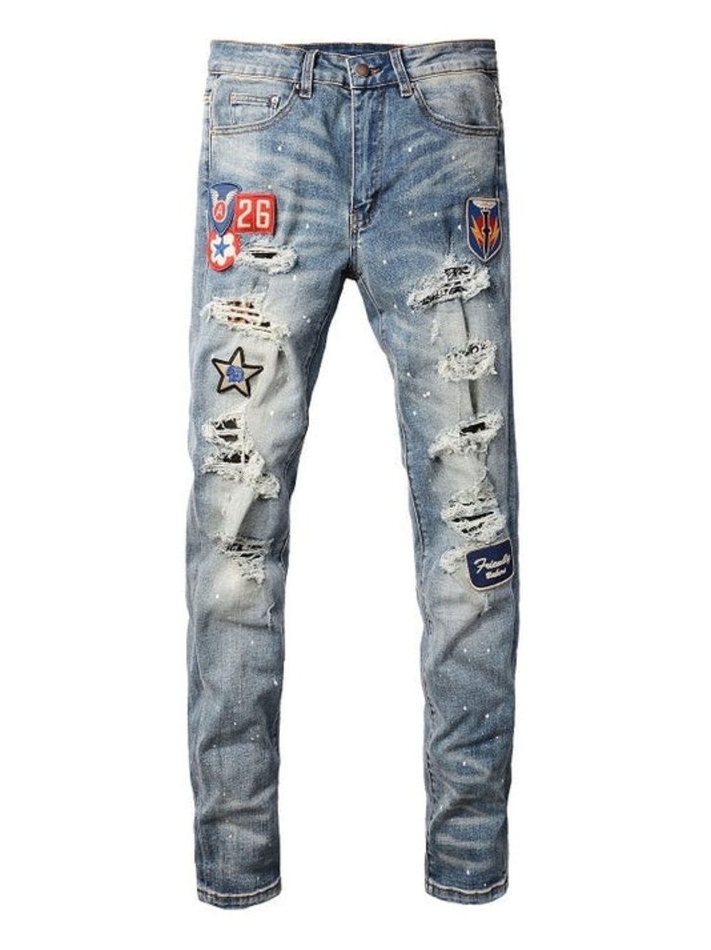 AMIRI Light Blue Distressed Patchwork Skinny Jeans